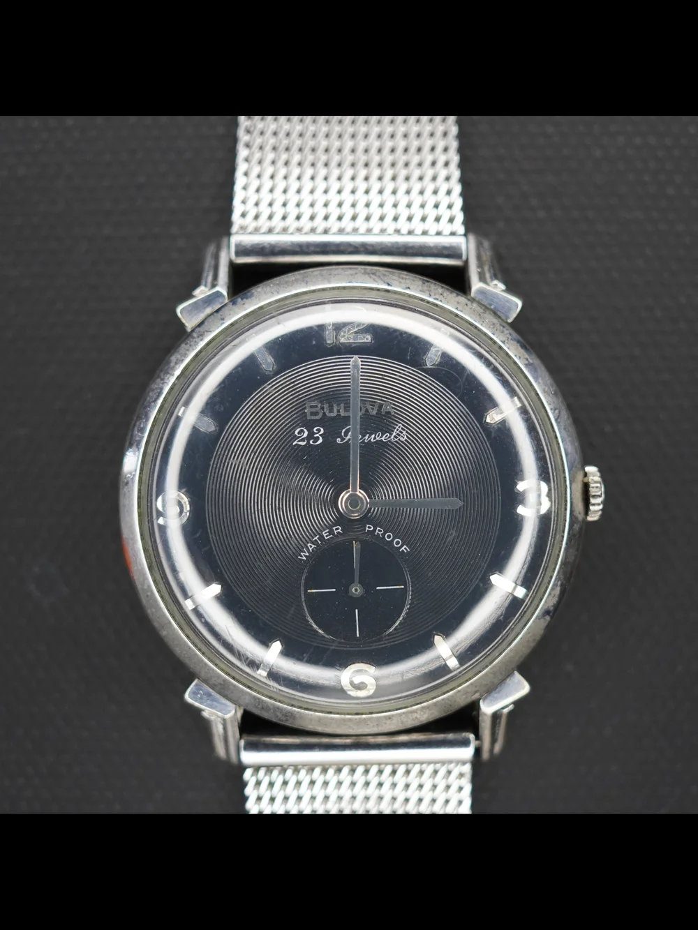 Vintage 1959 Bulova 23 Jewels Manual Wind Black Dial 10KT RGP Waterproof Watch